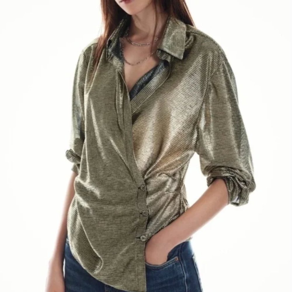NWT Zara Bonnie Blouse With Ruching In Metallic Gold (XS)